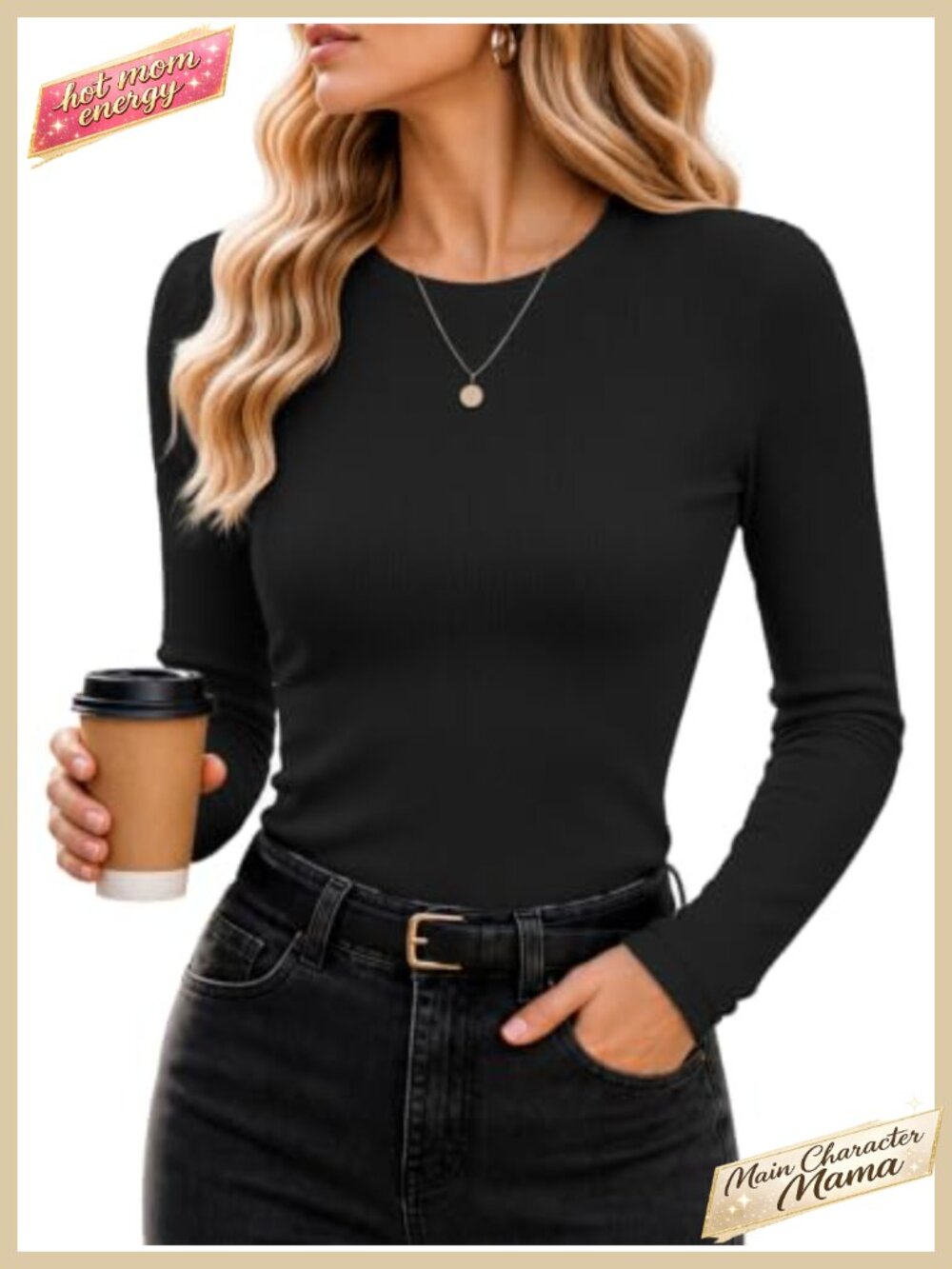 Women's Long Sleeve Crewneck Rib Knit Slim Fit T-Shirt